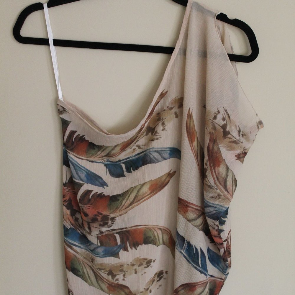 Papaya One Shoulder Feather Print Blouse